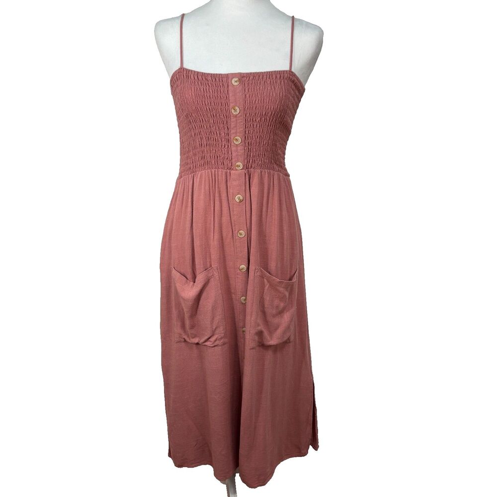 One Clothing Smocked Sundress Womens L Pink Button‎ Up Linen Blend Boho Cottage